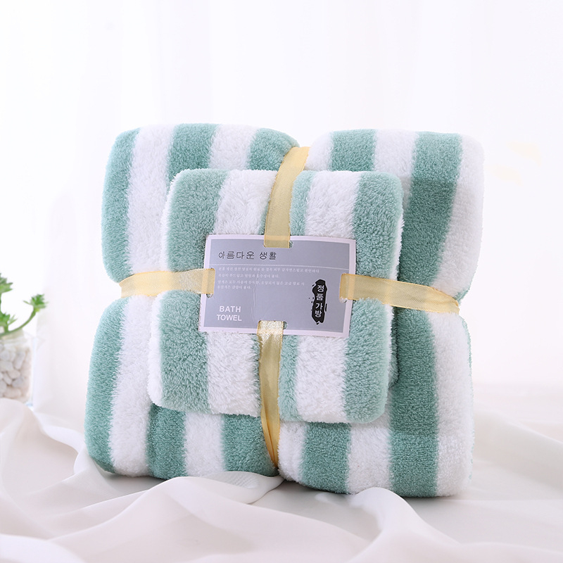 Set ručnika od coral fleece s širokim prugama – ručnik za kupanje i ručnik za lice, za majku i dijete