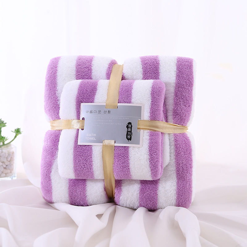 Set ručnika od coral fleece s širokim prugama – ručnik za kupanje i ručnik za lice, za majku i dijete