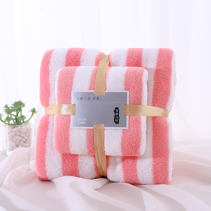 Set ručnika od coral fleece s širokim prugama – ručnik za kupanje i ručnik za lice, za majku i dijete