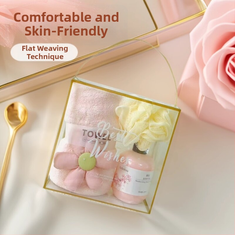 Set ručnika coral fleece u darovnoj kutiji s cvjetnim uzorkom, 620 g, moguć ispis logotipa, prilagodljivo, šavovi i ravno tkanje