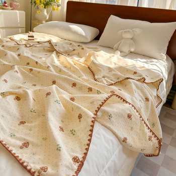Памучно двойно-слойно одеяло за офисни дремки – (летен, тънък модел; шарка растения и цветя; стил карикатура; свиване 5%)