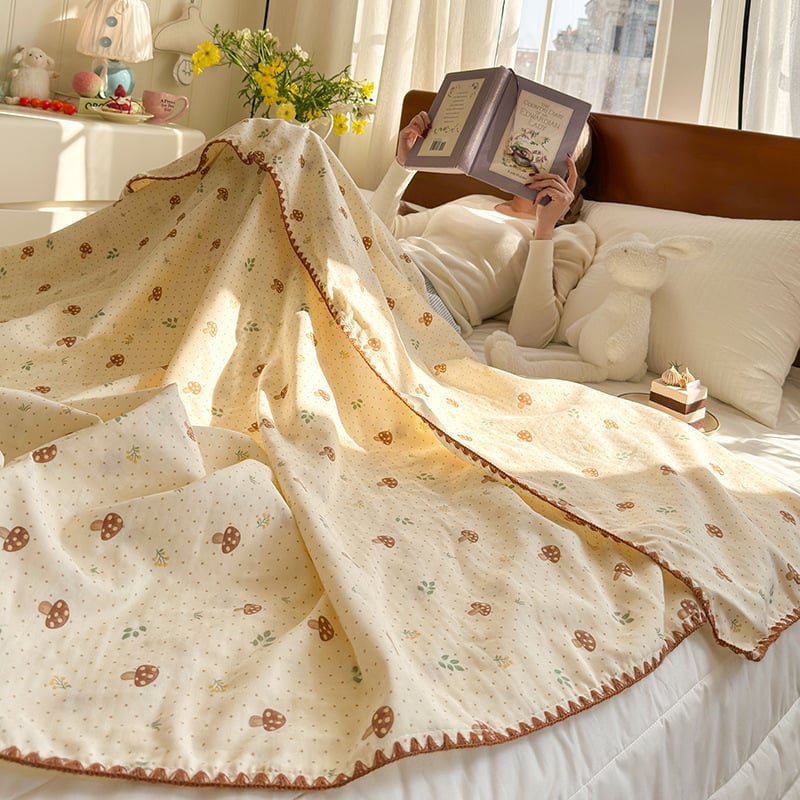 Памучно двойно-слойно одеяло за офисни дремки – (летен, тънък модел; шарка растения и цветя; стил карикатура; свиване 5%)