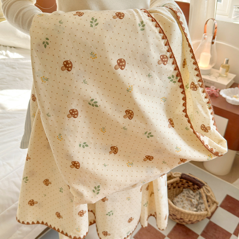 Памучно двойно-слойно одеяло за офисни дремки – (летен, тънък модел; шарка растения и цветя; стил карикатура; свиване 5%)