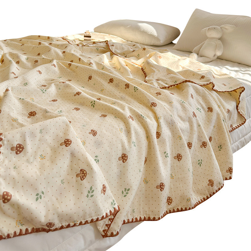 Памучно двойно-слойно одеяло за офисни дремки – (летен, тънък модел; шарка растения и цветя; стил карикатура; свиване 5%)