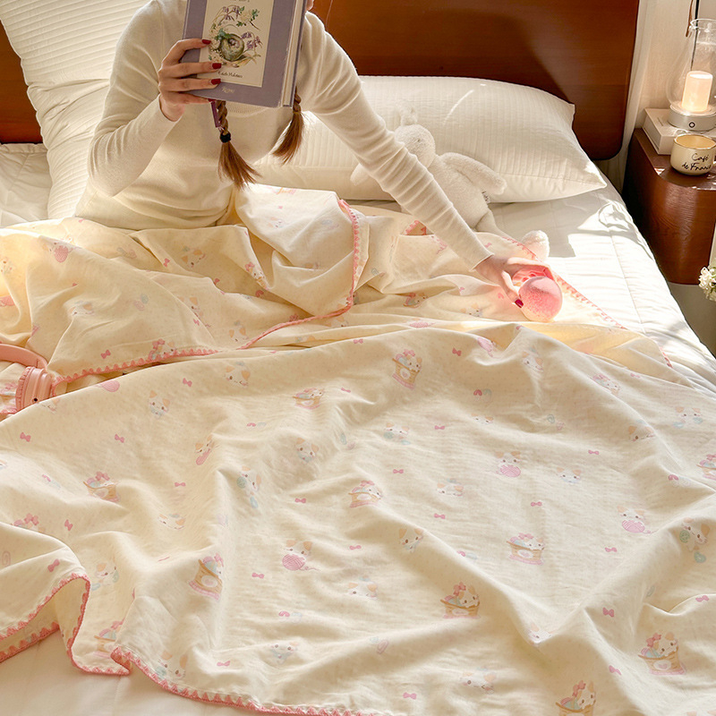 Памучно двойно-слойно одеяло за офисни дремки – (летен, тънък модел; шарка растения и цветя; стил карикатура; свиване 5%)