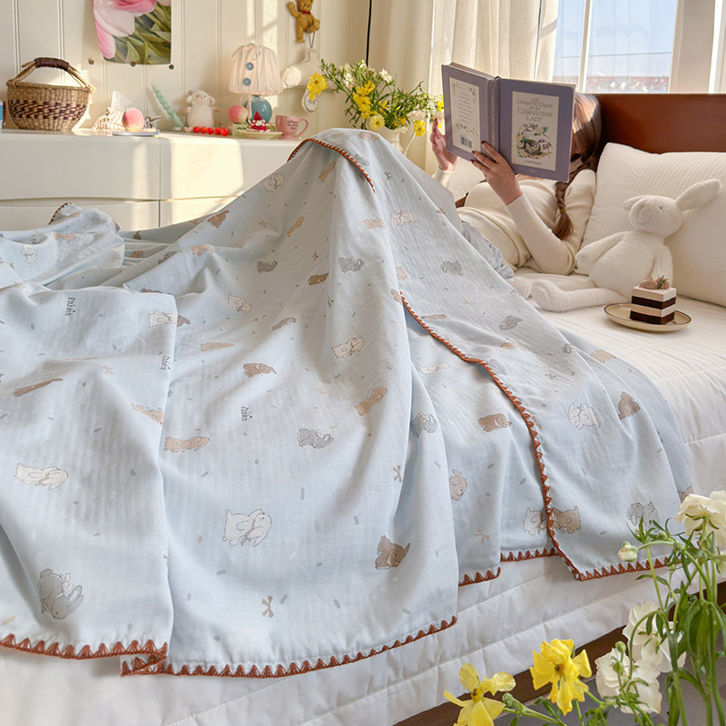 Памучно двойно-слойно одеяло за офисни дремки – (летен, тънък модел; шарка растения и цветя; стил карикатура; свиване 5%)