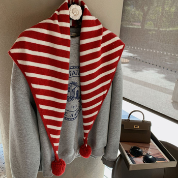 Șal triangulat tricotat, cu model în dungi din fir bobinat, croșetat manual, fibră de poliester, modă de toamnă pentru femei