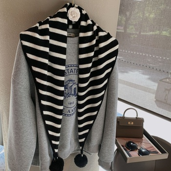 Șal triangulat tricotat, cu model în dungi din fir bobinat, croșetat manual, fibră de poliester, modă de toamnă pentru femei