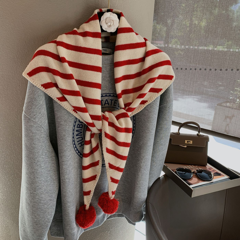 Șal triangulat tricotat, cu model în dungi din fir bobinat, croșetat manual, fibră de poliester, modă de toamnă pentru femei