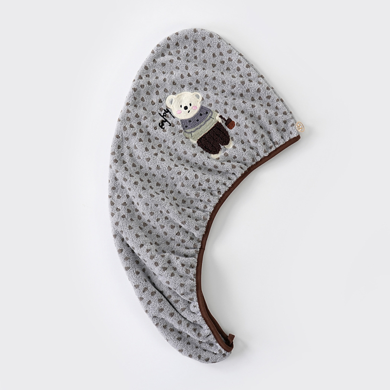 Кап за сушене на коса от коралов флис с бродиран карикатурен дизайн на мечка, 150d прежда, 80-99 г