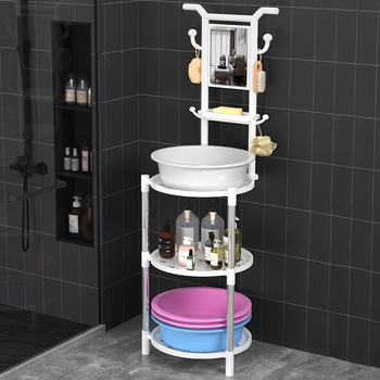 Padlón álló mosdóállvány fürdőszobába, 3 polcos, modern minimál stílus, anyag: műanyag + acélcső, modell Lianpen-4-22