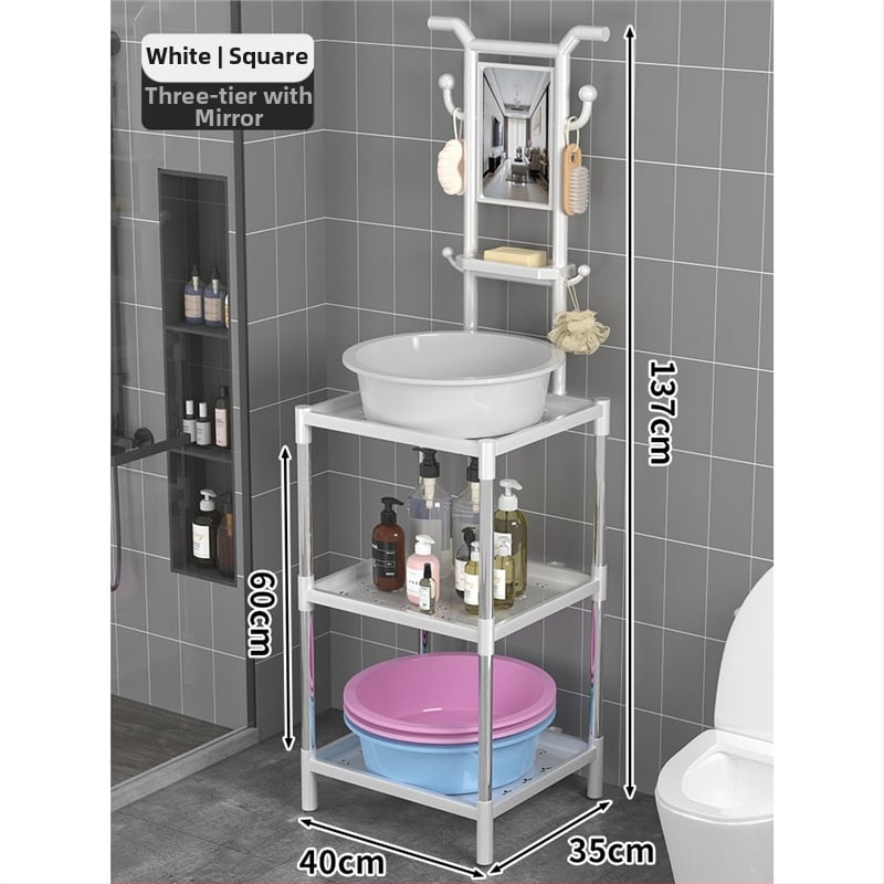 Padlón álló mosdóállvány fürdőszobába, 3 polcos, modern minimál stílus, anyag: műanyag + acélcső, modell Lianpen-4-22