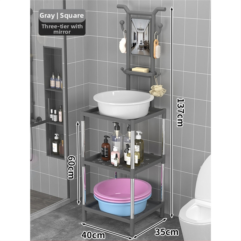 Padlón álló mosdóállvány fürdőszobába, 3 polcos, modern minimál stílus, anyag: műanyag + acélcső, modell Lianpen-4-22