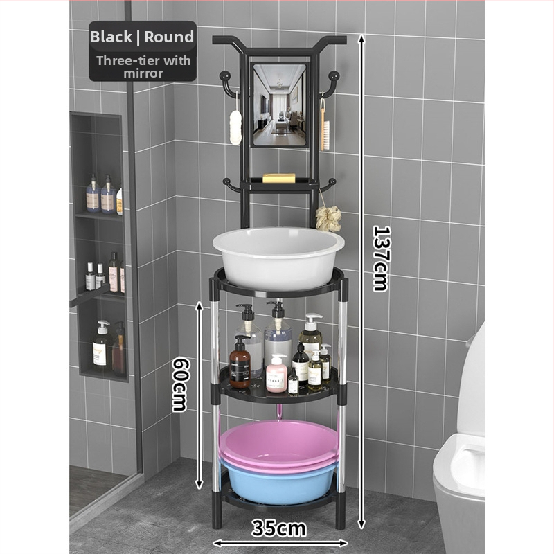 Padlón álló mosdóállvány fürdőszobába, 3 polcos, modern minimál stílus, anyag: műanyag + acélcső, modell Lianpen-4-22