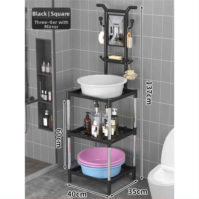 Padlón álló mosdóállvány fürdőszobába, 3 polcos, modern minimál stílus, anyag: műanyag + acélcső, modell Lianpen-4-22