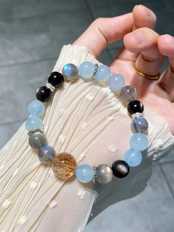 Гривна от естествен аквамаринов кристал с ястребово око и лунен камък за жени — електроплатирана, оригинален дизайн, пролет 2025