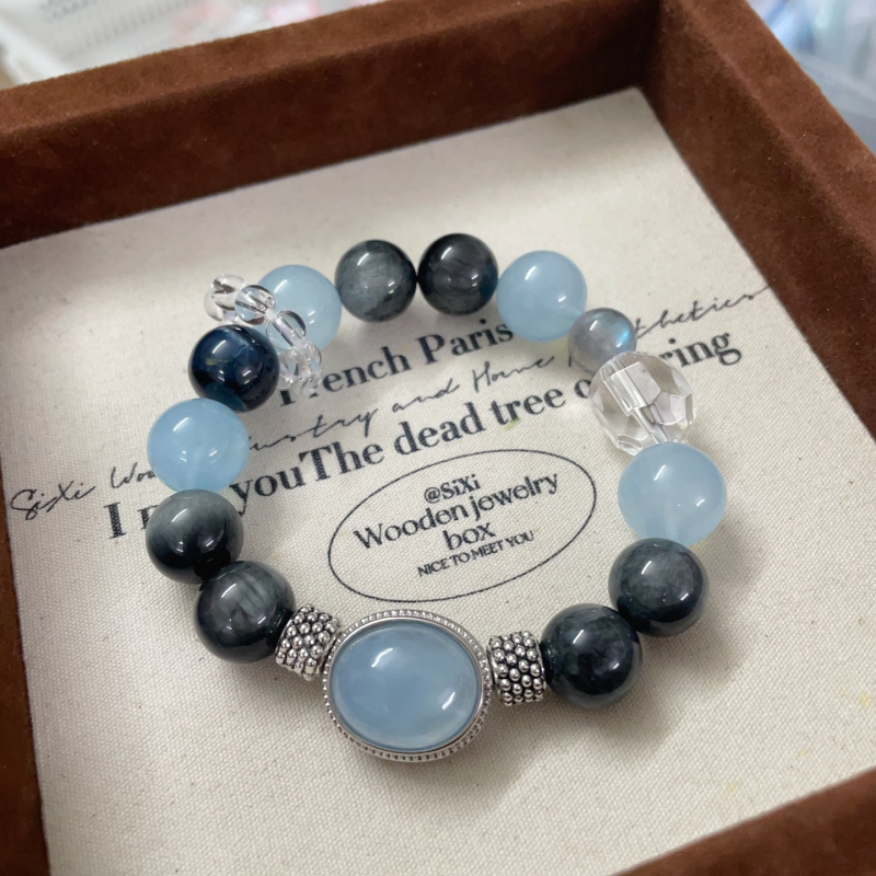 Гривна от естествен аквамаринов кристал с ястребово око и лунен камък за жени — електроплатирана, оригинален дизайн, пролет 2025