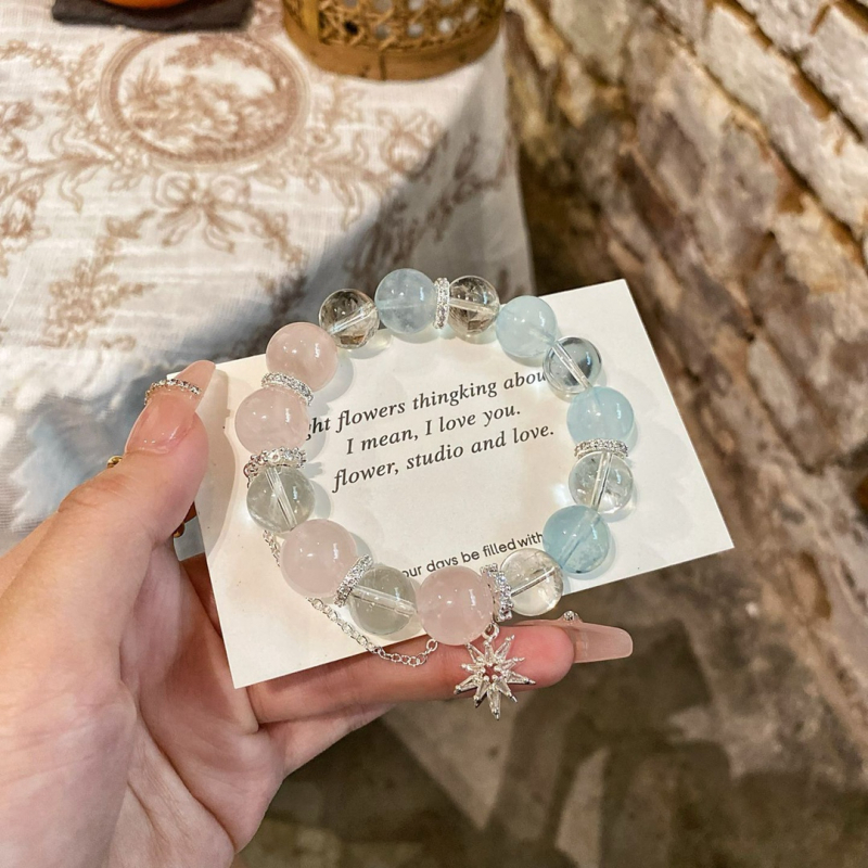 Гривна от естествен аквамаринов кристал с ястребово око и лунен камък за жени — електроплатирана, оригинален дизайн, пролет 2025