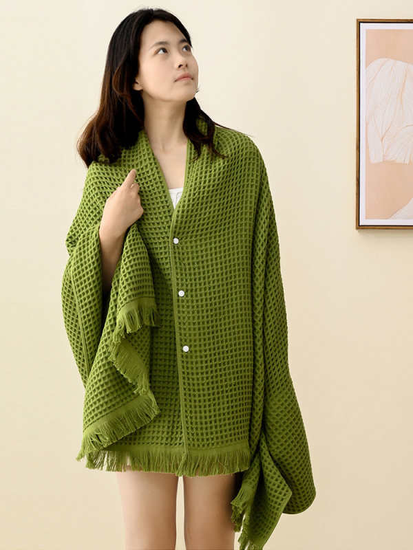 Kupaći ručnik od 100% pamuka s resicama – vafel šal, 200–300 g, 32s predivo, jednostavno tkivo