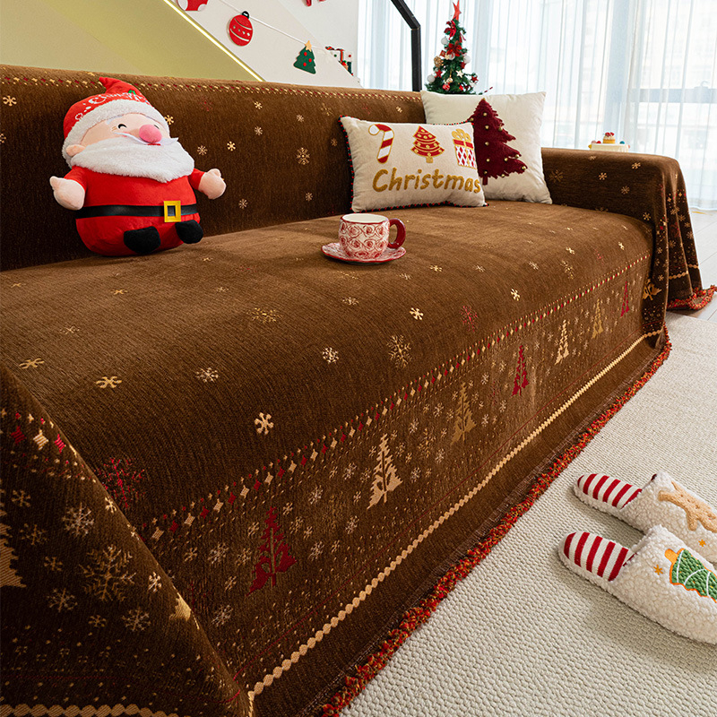 Chenille kanapétakaró hópelyhek és virágmotívumokkal, karácsonyi stílusban, moduláris kanapéhoz