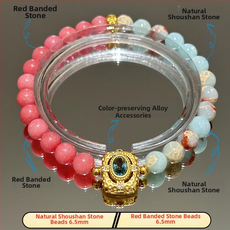 Brățară de damă din piatră Shoushan, dublu strat, țesută manual — forme inimă, fundă și geometrice