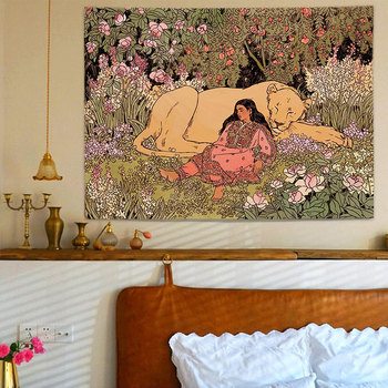 Гоблен за стена в скандинавски стил с персонажни мотиви — плюшен материал, машинно тъкане, правоъгълна форма.