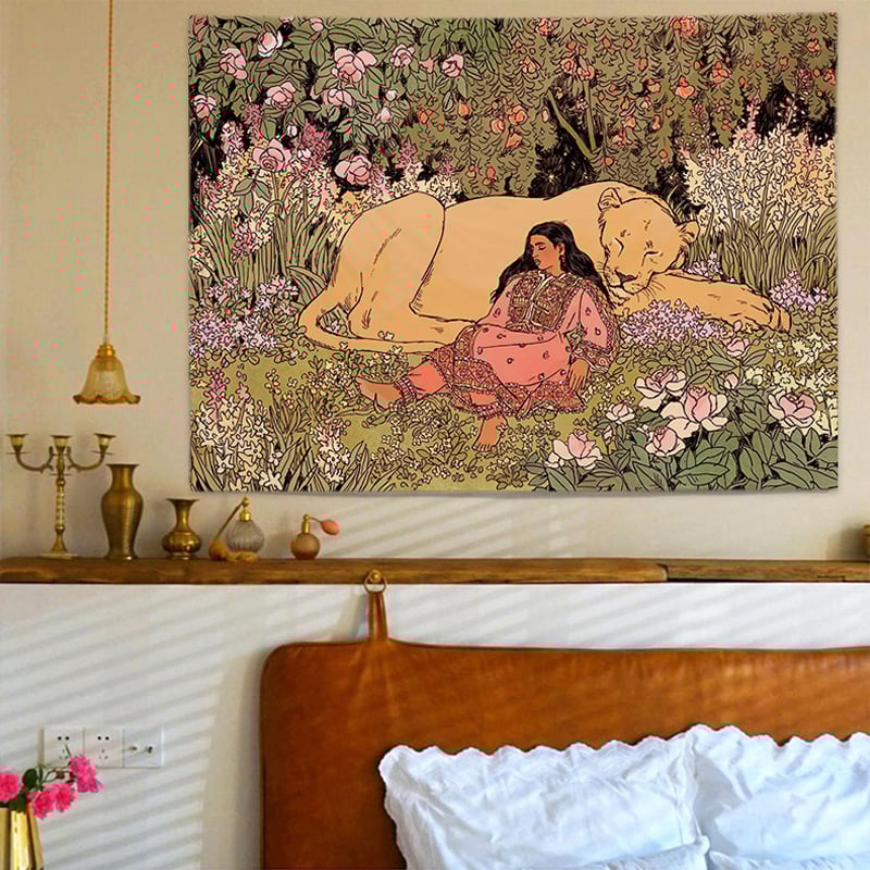 Гоблен за стена в скандинавски стил с персонажни мотиви — плюшен материал, машинно тъкане, правоъгълна форма.