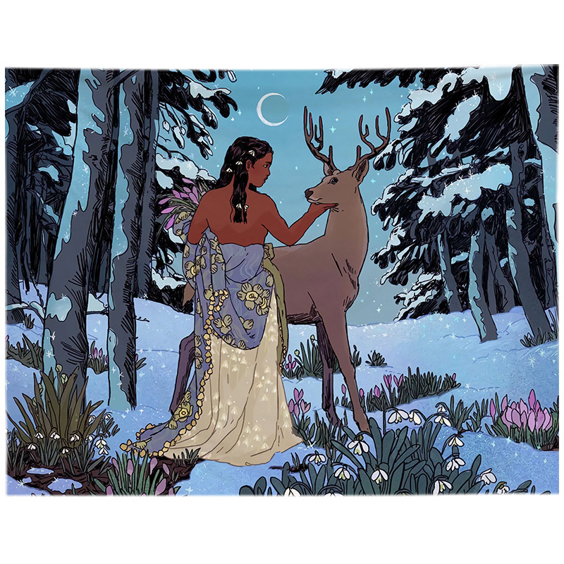 Гоблен за стена в скандинавски стил с персонажни мотиви — плюшен материал, машинно тъкане, правоъгълна форма.