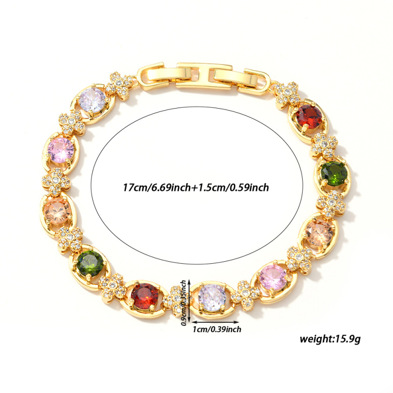 Brățară cu zirconiu și trifoi cu patru foi, alamă, placare cu aur 14K, motiv geometric.