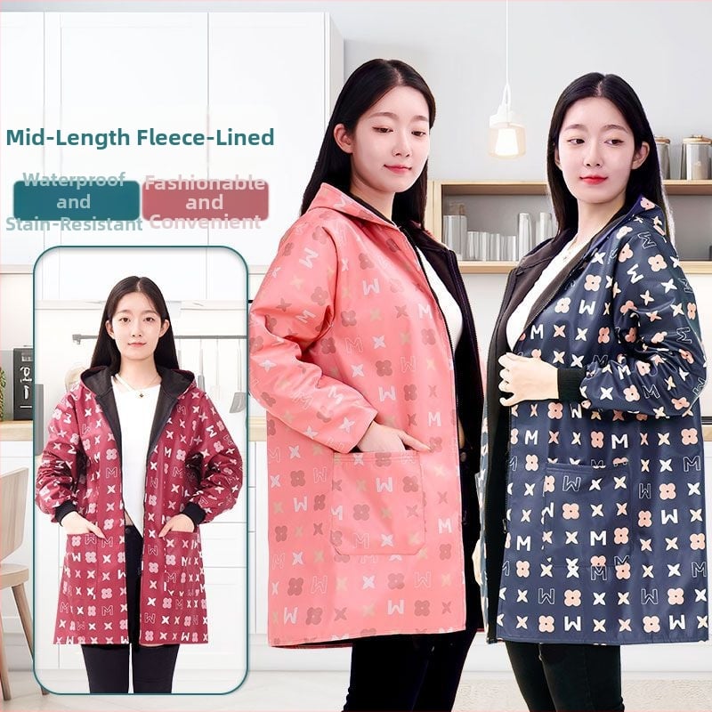 Ποδιά με μακριά μανίκια, fleece επένδυση από πολυεστέρα - κατά της βρωμιάς, ανθεκτική στη φθορά, κουζίνας για ενήλικες γυναίκες