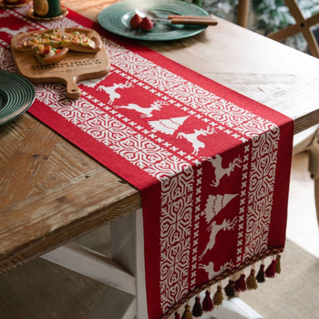 Karácsonyi jacquard asztali futó, 100% poliészter, bojtokkal, amerikai retro karácsonyi stílus, nappali, étterem, erkély