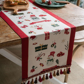 Karácsonyi jacquard asztali futó, 100% poliészter, bojtokkal, amerikai retro karácsonyi stílus, nappali, étterem, erkély