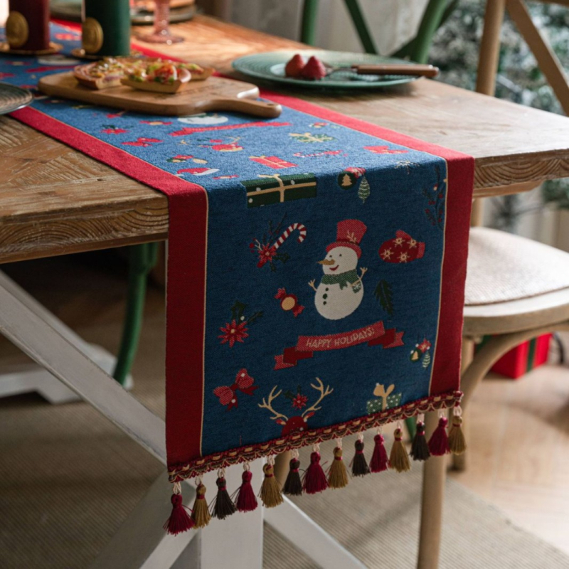 Karácsonyi jacquard asztali futó, 100% poliészter, bojtokkal, amerikai retro karácsonyi stílus, nappali, étterem, erkély