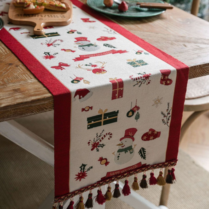 Karácsonyi jacquard asztali futó, 100% poliészter, bojtokkal, amerikai retro karácsonyi stílus, nappali, étterem, erkély
