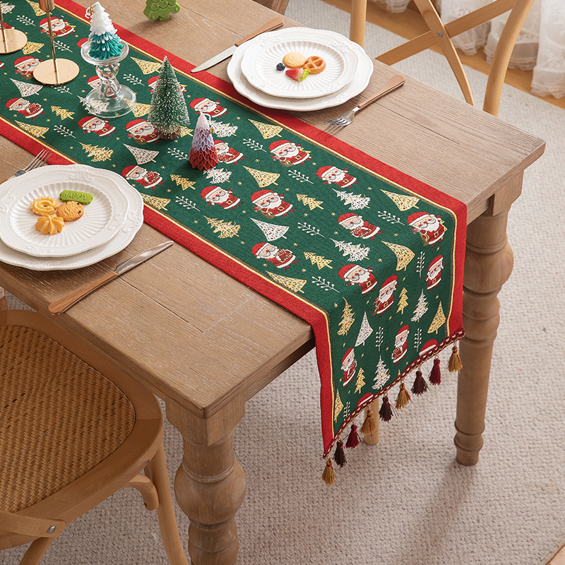 Karácsonyi jacquard asztali futó, 100% poliészter, bojtokkal, amerikai retro karácsonyi stílus, nappali, étterem, erkély