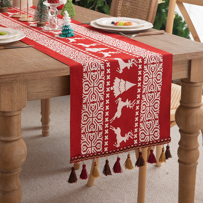 Karácsonyi jacquard asztali futó, 100% poliészter, bojtokkal, amerikai retro karácsonyi stílus, nappali, étterem, erkély