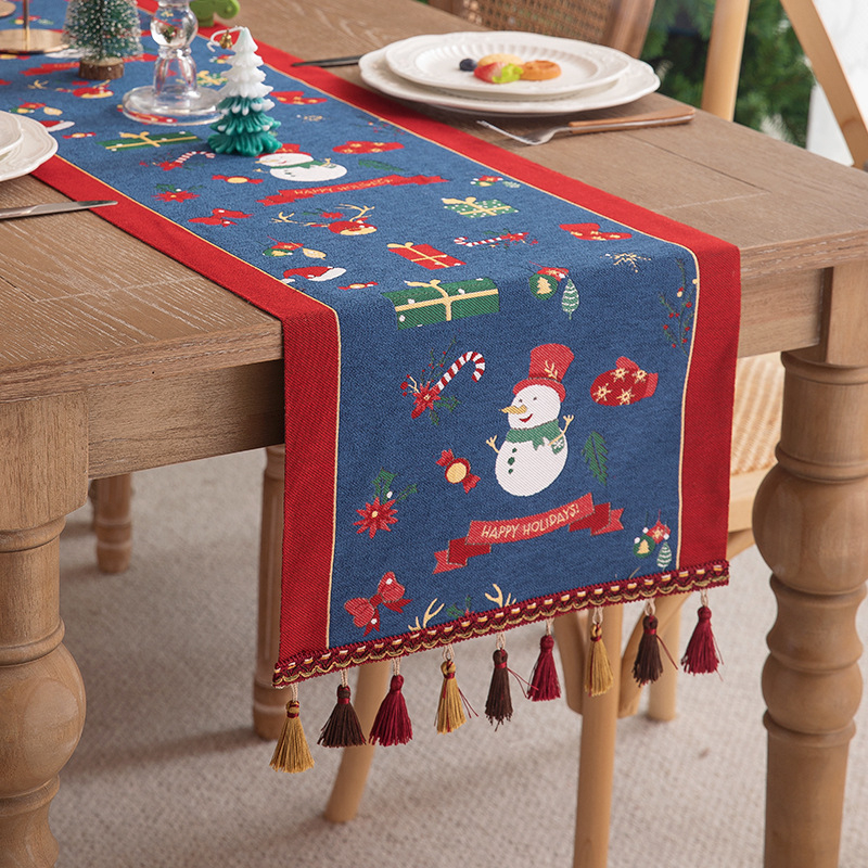 Karácsonyi jacquard asztali futó, 100% poliészter, bojtokkal, amerikai retro karácsonyi stílus, nappali, étterem, erkély