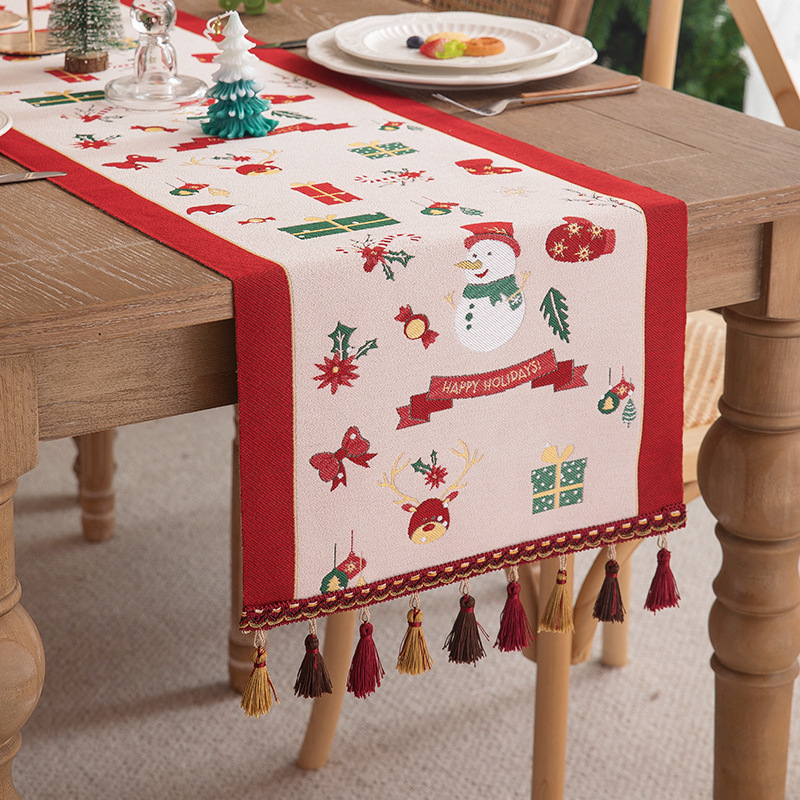 Karácsonyi jacquard asztali futó, 100% poliészter, bojtokkal, amerikai retro karácsonyi stílus, nappali, étterem, erkély