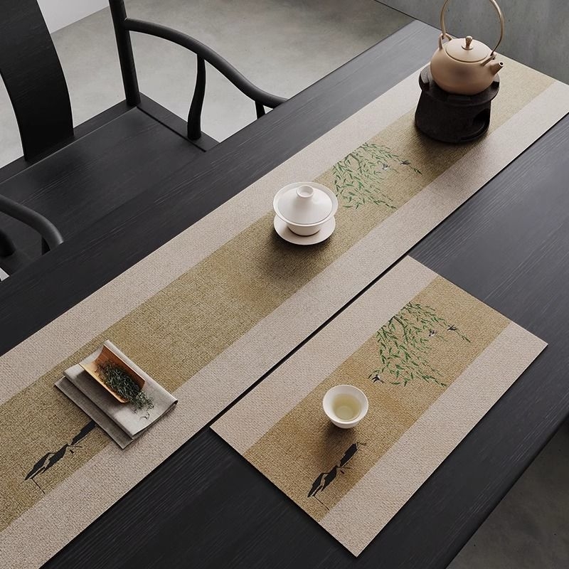 Négyszögletes asztalterítő, kopásálló és nedvszívó, kínai stílusú mintával, tájkép és növény motívumok