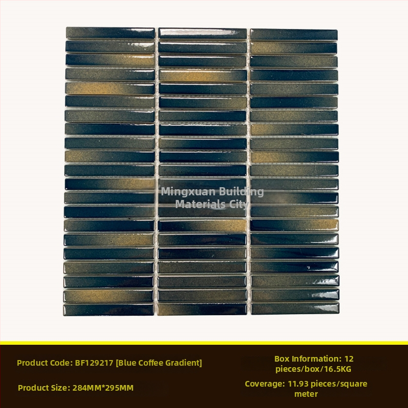 Iekštelpu sienas flīze – mazs joslas mozaīka, vienkāršs moderns stils, materiāls: polikrystaliska mikrodalīte, ūdens uzsūkšanās ≤0,5%, uzstādīšana pieejama