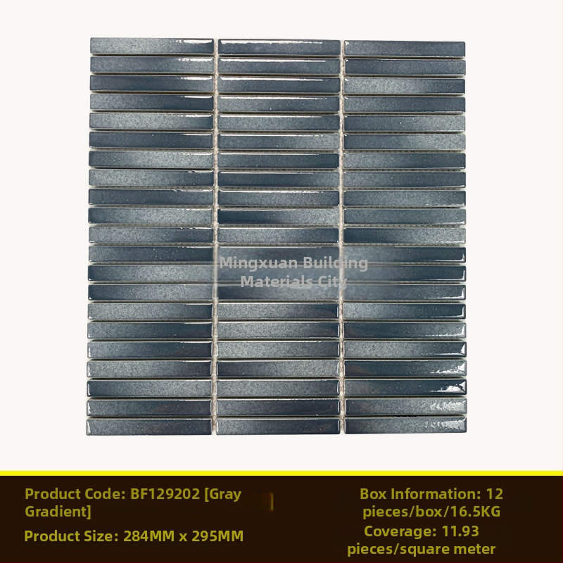 Iekštelpu sienas flīze – mazs joslas mozaīka, vienkāršs moderns stils, materiāls: polikrystaliska mikrodalīte, ūdens uzsūkšanās ≤0,5%, uzstādīšana pieejama