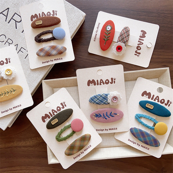 Клип за коса с бродирано платнено цвете, дантела, каре шарка и страничен клип, корейски стил за момичета