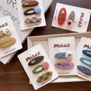 Клип за коса с бродирано платнено цвете, дантела, каре шарка и страничен клип, корейски стил за момичета