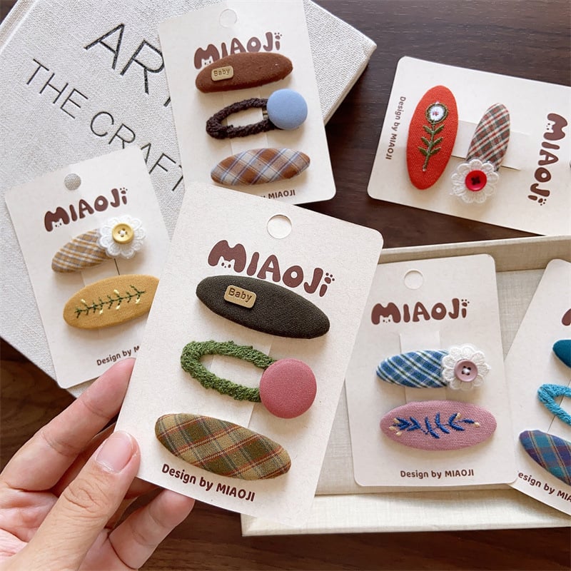 Клип за коса с бродирано платнено цвете, дантела, каре шарка и страничен клип, корейски стил за момичета