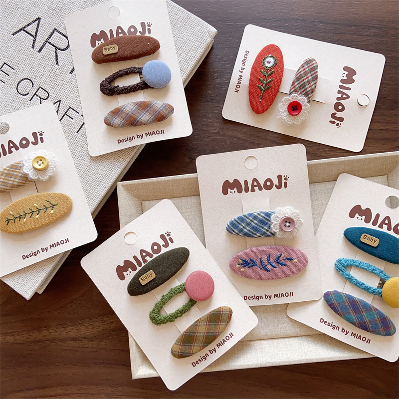 Клип за коса с бродирано платнено цвете, дантела, каре шарка и страничен клип, корейски стил за момичета