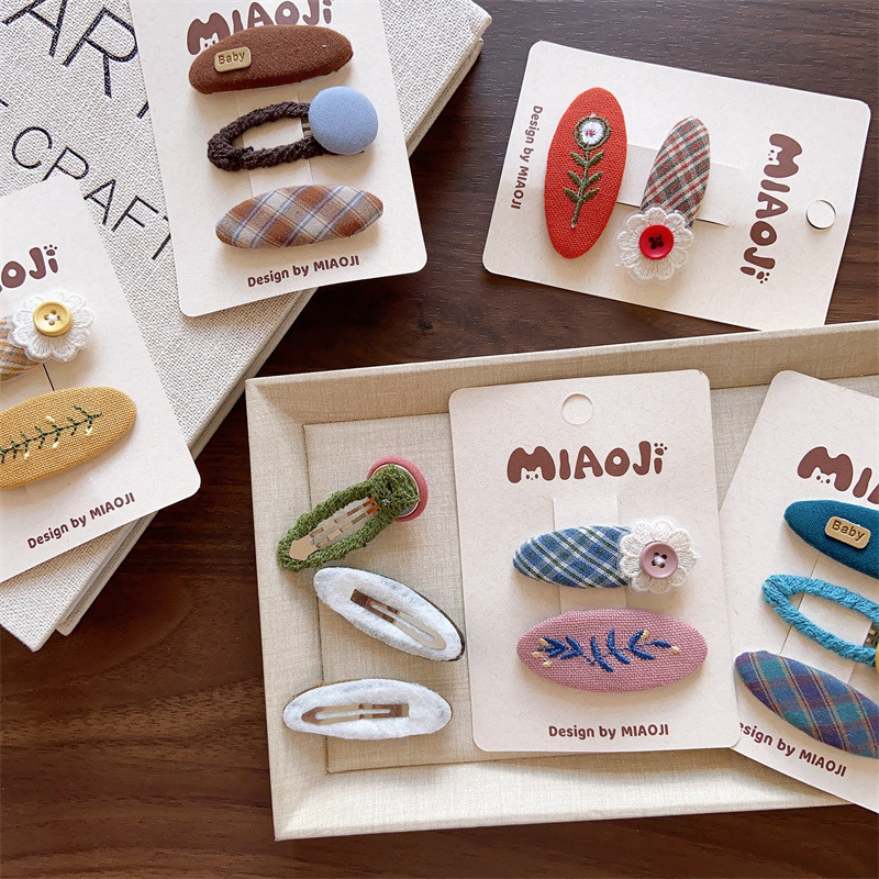 Клип за коса с бродирано платнено цвете, дантела, каре шарка и страничен клип, корейски стил за момичета