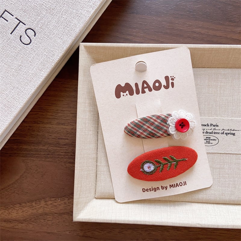 Клип за коса с бродирано платнено цвете, дантела, каре шарка и страничен клип, корейски стил за момичета