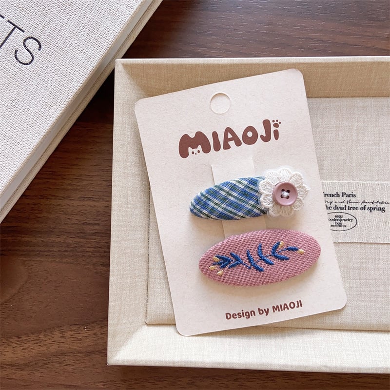 Клип за коса с бродирано платнено цвете, дантела, каре шарка и страничен клип, корейски стил за момичета