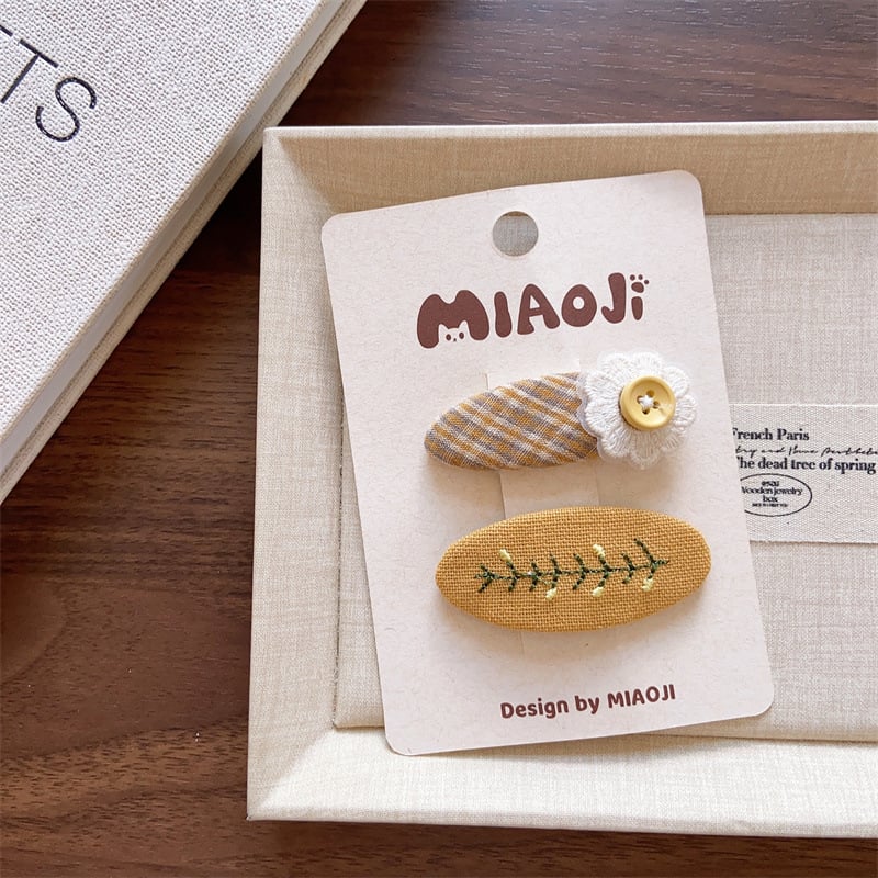 Клип за коса с бродирано платнено цвете, дантела, каре шарка и страничен клип, корейски стил за момичета