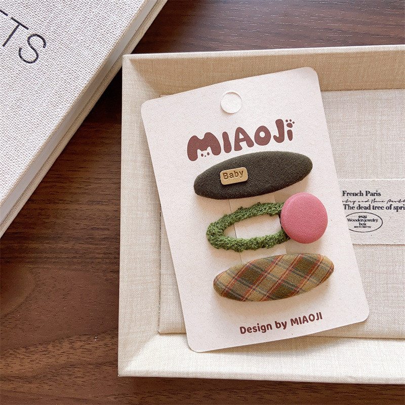 Клип за коса с бродирано платнено цвете, дантела, каре шарка и страничен клип, корейски стил за момичета